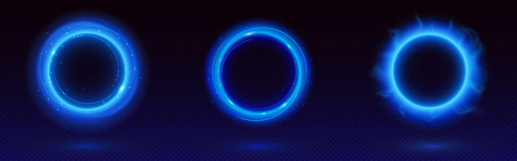 Blue circle frames set isolated on transparent background. Vector realistic illustration of round neon borders with haze and shimmering particles, sparkles, magic power effect, space portal design