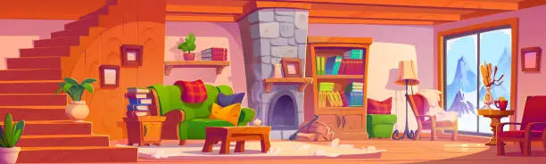 Vector illustration of Chalet living room with winter mountain view