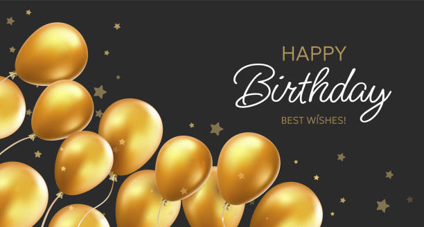 istock Vector happy birthday illustration with shine golden air helium balloon with text on black background. 3d realistic holiday template design of flying balloon with star 2107335257