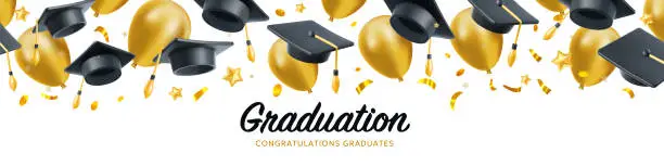 Vector illustration of Vector illustration of graduate cap and flying golden air ballons on white background. Caps thrown up and air ballons pattern. 3d style design of congratulation graduates 2024 class with graduation hat and congratulations word