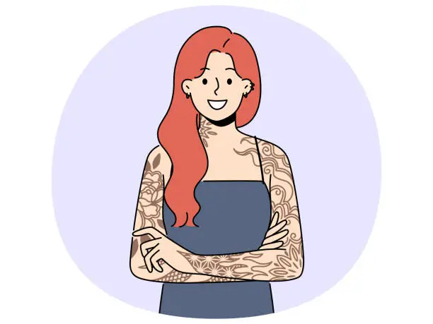 Vector illustration of Smiling redhead woman with tattoos on arms