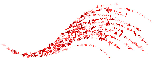 A dynamic wave of red confetti creates a sense of movement across a white background, conveying a celebratory momentum.