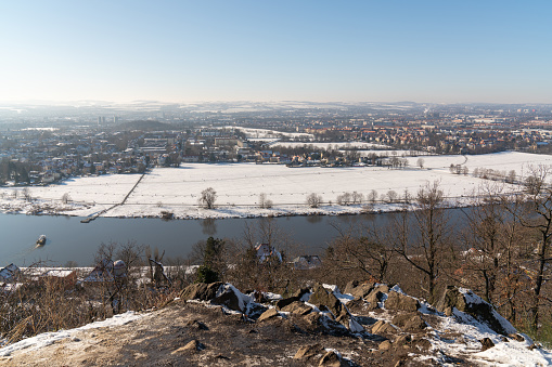 View of the city of Dresden and the Elbe River in winter. Famous tourist spot