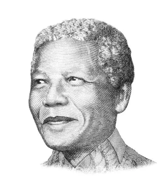 Nelson Mandela (1918 - 2013). Portrait on South Africa 10 Rands Banknote, close up