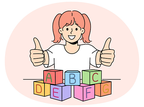 Smiling girl child play with colorful blocks with letters show thumb up. Happy kid learning with bricks recommend educational course. Vector illustration.