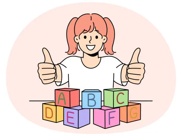 Vector illustration of Smiling child learn with blocks with letters