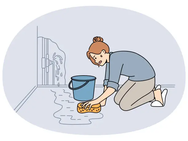 Vector illustration of Worried woman clean water from burst pipe