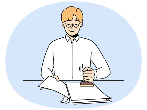 Male notary stamping documents in office. Smiling man worker sign with stamp official agreements at workplace. Vector illustration.