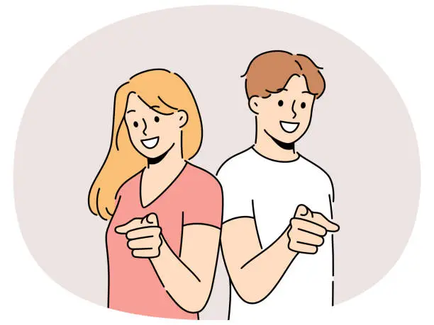 Vector illustration of Smiling people point at screen