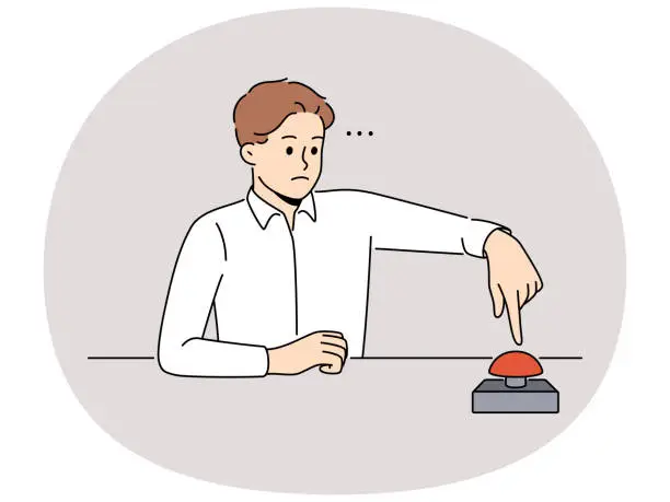 Vector illustration of Man sit at table press red button