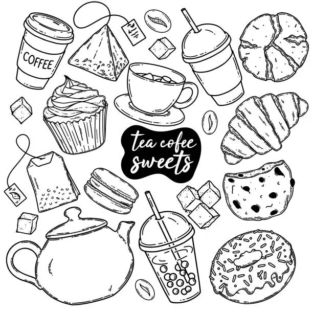 Vector illustration of Coffee or tea break vector set, chocolate with marsmallow, tea bag, bubble tea, cookies, sweets, croissant and etc