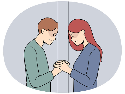 Unhappy couple separated by wall suffer from breakup or separation. Upset distressed man and woman struggle with relationships split. Vector illustration.