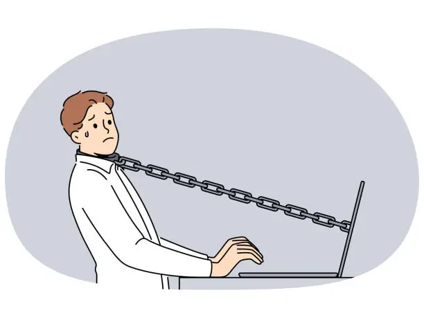 Vector illustration of Stressed male employee tied with chain to computer