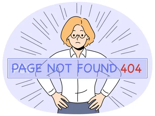 Vector illustration of Unhappy businesswoman see 404 error page notification