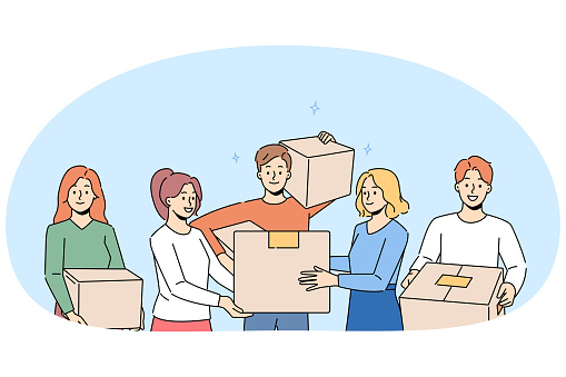 Smiling people with cardboard boxes moving together. Happy men and women with packages engaged in relocation to new home. Vector illustration.