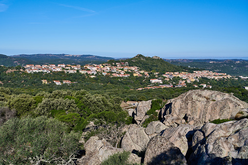 Aerial view of Luogosanto, a mountain village in Province of Sassari. Sardinia. Italy.