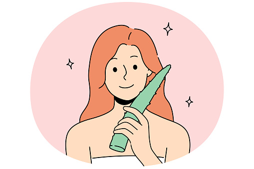Smiling woman in bath towel hold fresh aloe vera leaf for skin care. Happy girl use organic product for healthy glowing face skin. Skincare. Vector illustration.
