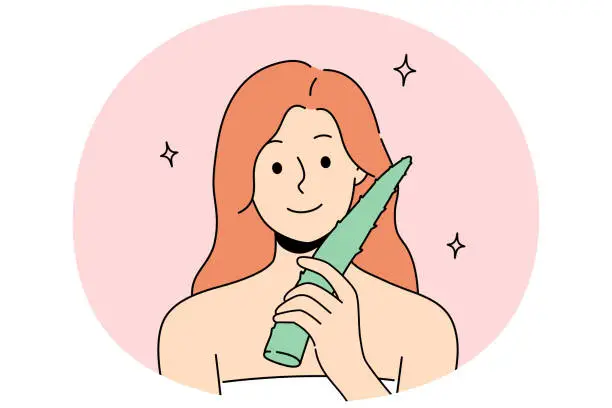 Vector illustration of Smiling woman use aloe vera for skincare