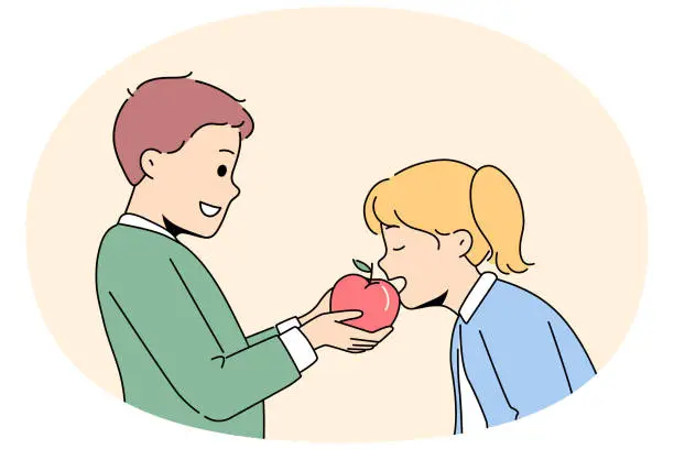 Vector illustration of Smiling children share apple