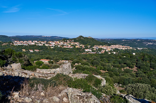 Aerial view of Luogosanto, a mountain village in Province of Sassari. Sardinia. Italy.