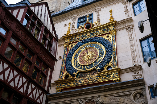 Rouen, France - 19.02.2024. Le Gros-Horloge in Rouen. Storied 14th-century astronomical clock set on a Renaissance arch with detailed carvings. The Great Clock or Gros Horloge in Rouen, Normandy