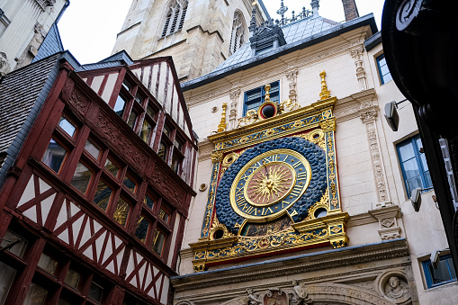 Rouen, France - 19.02.2024. Le Gros-Horloge in Rouen. Storied 14th-century astronomical clock set on a Renaissance arch with detailed carvings. The Great Clock or Gros Horloge in Rouen, Normandy