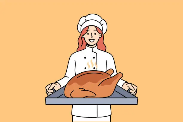 Vector illustration of Cook with roast turkey on tray invites you to celebrate thanksgiving and eat meat together