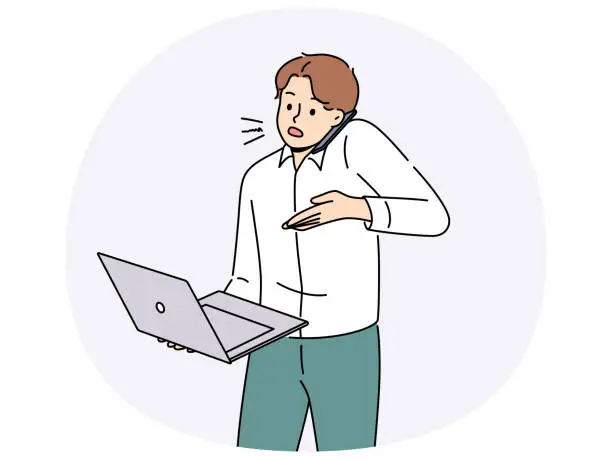 Vector illustration of Busy businessman work on laptop talk on phone
