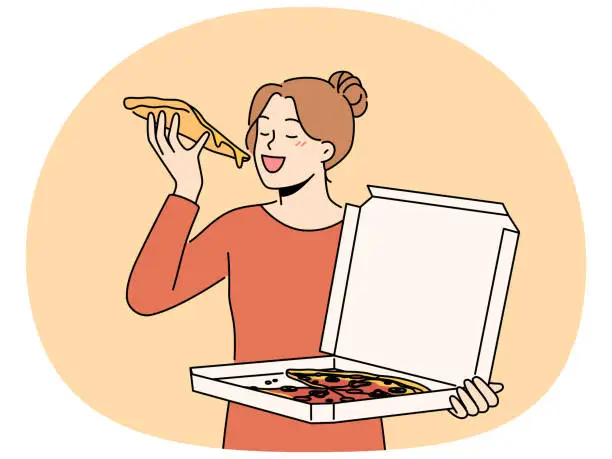 Vector illustration of Happy woman eating pizza from box