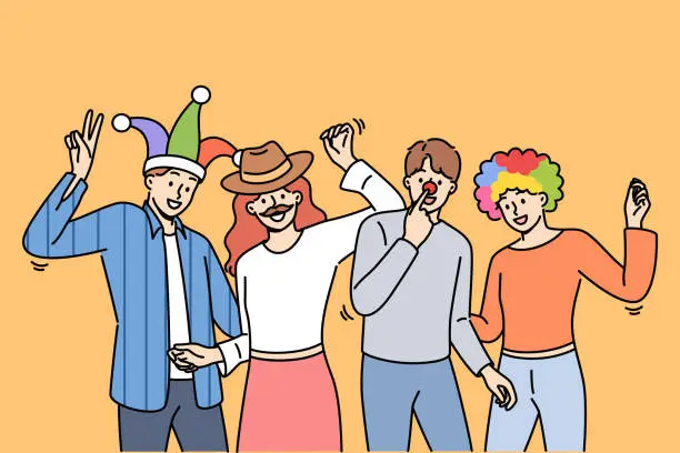 Vector illustration of Group of friends participating in masquerade, dancing and enjoying festive party