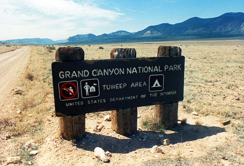 The rustic Grand Canyon National Park Tuweep Area Sign in the Toroweap Valley as viewed during April, 1990.