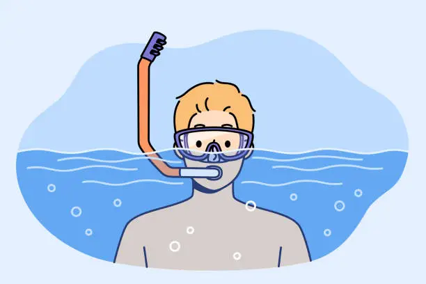 Vector illustration of Man swims in pool with goggles and snorkel for breathing underwater during summer holiday at resort