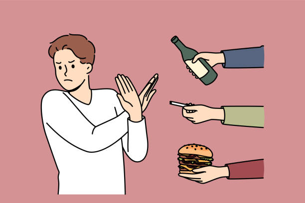 Man gives up bad habits, making forbidden gesture near hands with alcohol and cigarettes or fastfood Man gives up bad habits, making forbidden gesture near hands with alcohol and cigarettes or fast food. Guy says stop bad habits to start healthy lifestyle and avoid loss of immunity terrible meal stock illustrations