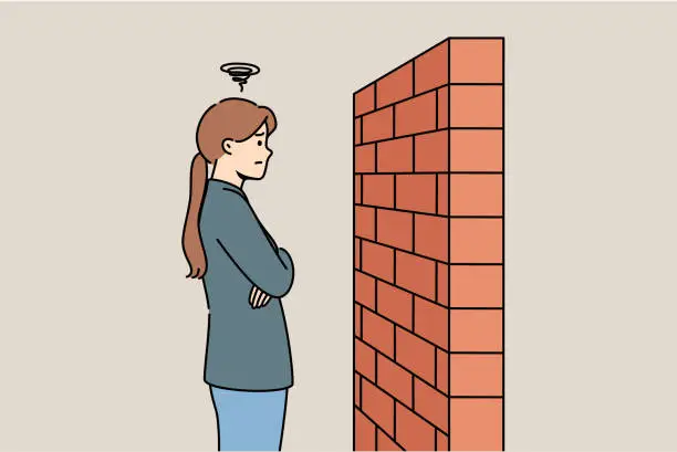 Vector illustration of Woman stands near brick barrier, as concept of insurmountable obstacle when trying to solve problems
