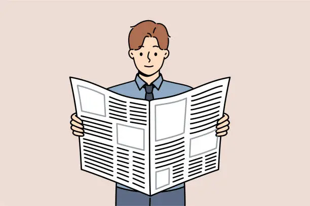 Vector illustration of Man reads business newspaper to learn about news from large corporations or looks for job ads