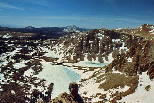 Cottonwood Lakes with upper lakes frozen and Olancha Peak in distant horizon as seen from the Mount Langley cross-country route in Sequoia National Park.