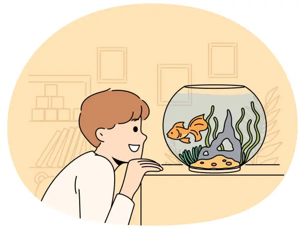 Vector illustration of Smiling child look at goldfish in tank