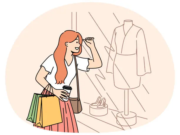 Vector illustration of Smiling woman shopping looking in showcase