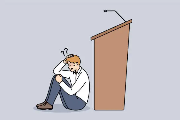 Vector illustration of Man experiences peiraphobia, which causes fear speaking in front of audience, sits near empty podium