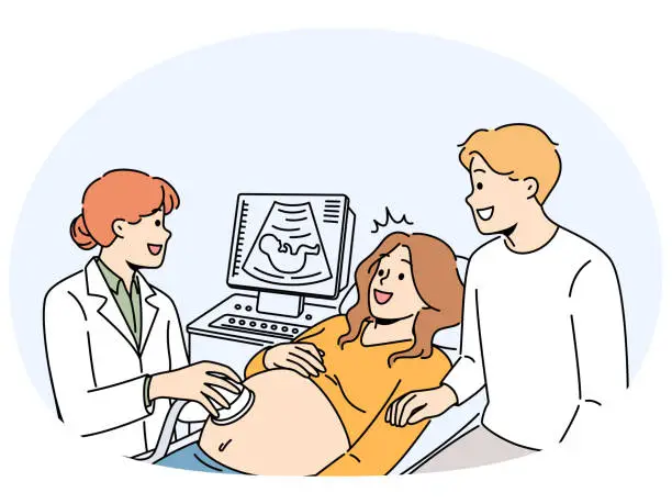 Vector illustration of Happy future parents on ultrasound in clinic