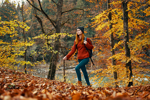 woman tourist walks through the park in autumn with a backpack on her back and tall trees landscape river lake. High quality photo