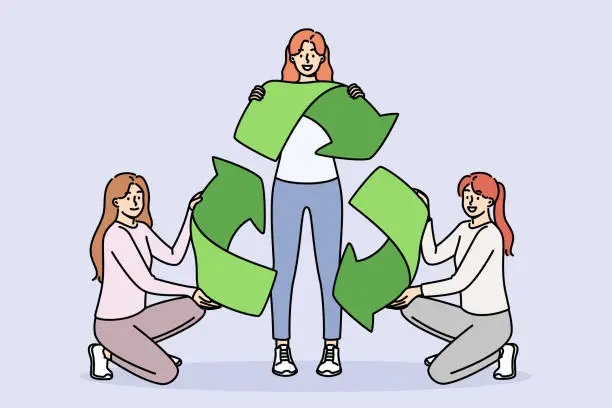 Vector illustration of Sign of recycling in hands of women eco-activists calling take care of sustainable development