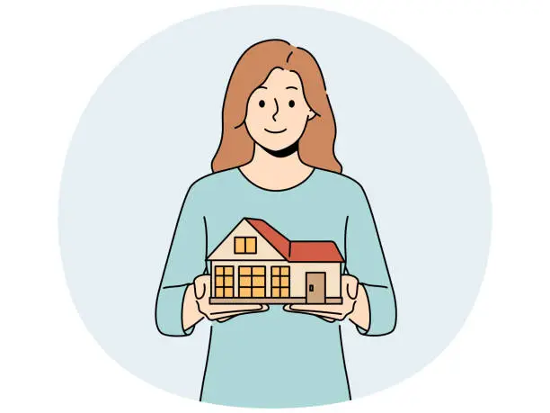 Vector illustration of Smiling woman with house model in hands