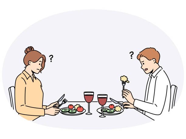 Confused couple dislike food in restaurant Confused couple sit at table in restaurant eating bad meal at dinner. Distressed man and woman dissatisfied with food in cafe. Vector illustration. terrible meal stock illustrations