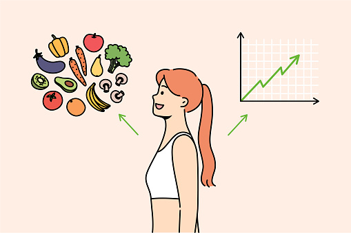 Woman switched to balanced diet feels improved immunity, stands near vegetables and increasing graph. Concept importance of proper nutrition to avoid diseases and appearance of cellulite