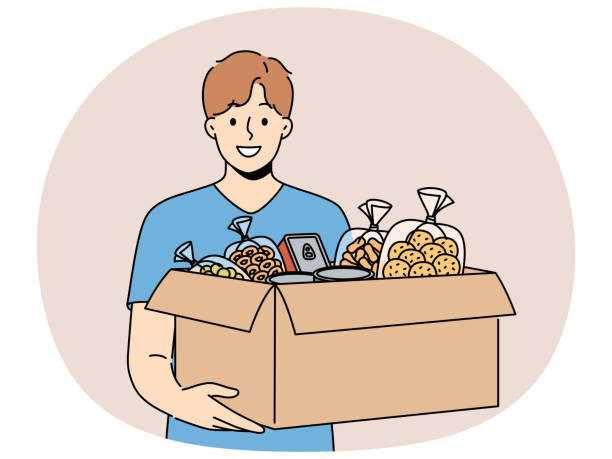 smiling volunteer with box of food donate at crisis center - support box container preparation stock illustrations