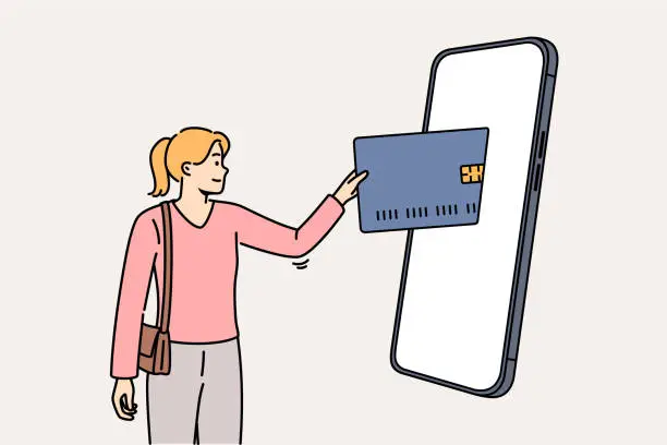 Vector illustration of Woman mobile banking user inserts credit card into large phone to make purchase in online store