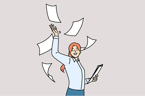 Woman office clerk throws documents up, rejoicing at introduction of digitalization and reduction of paperwork. Businesswoman celebrates being able to stop paperwork after hiring assistant