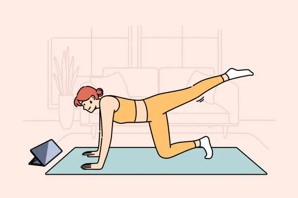 Vector illustration of Woman doing fitness watching online lesson from trainer, doing stretching on sports mat in home