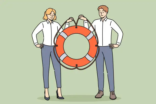 Vector illustration of Two managers are holding lifeline offering business help and support or crisis management services